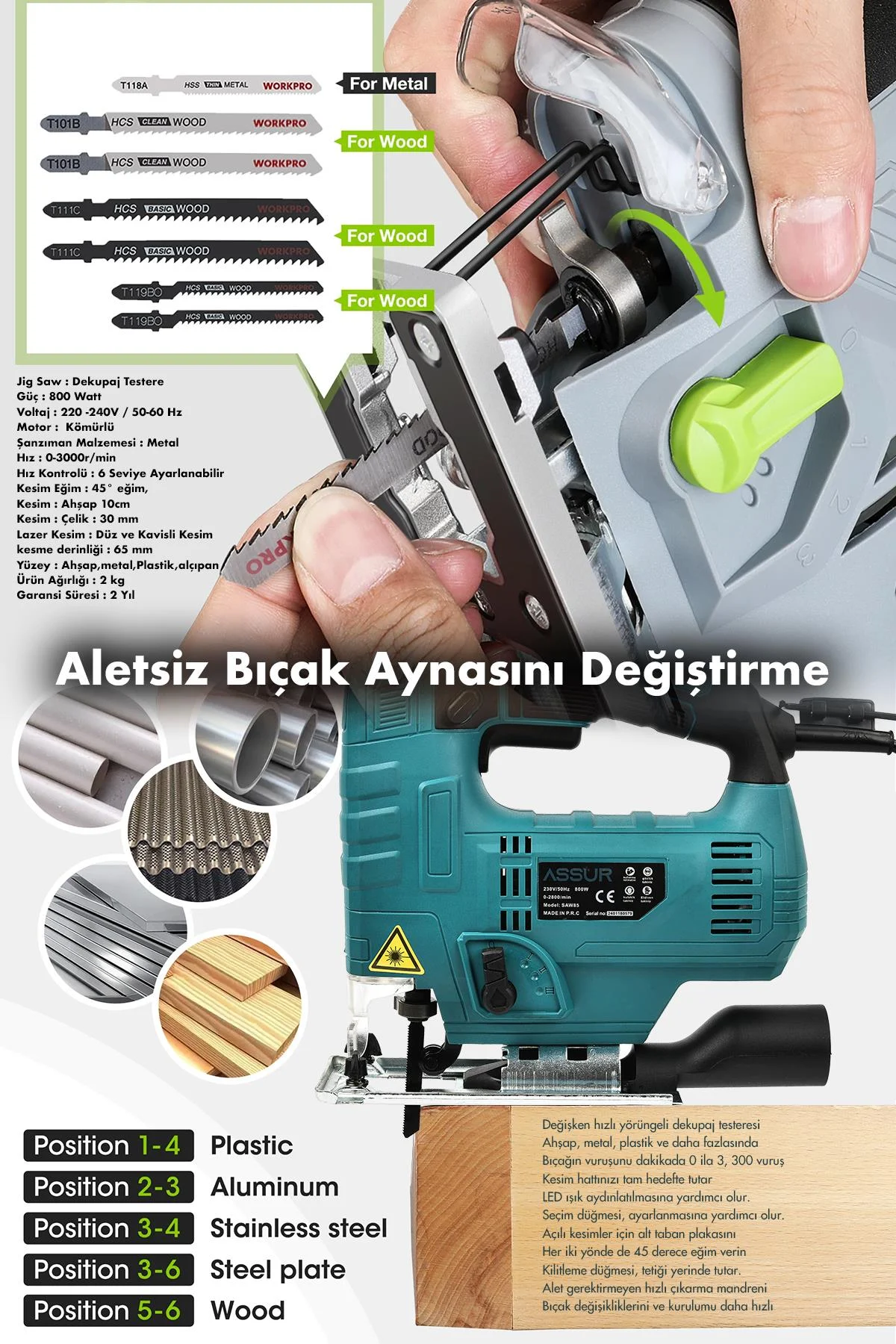 ASSUR Dekupaj Testere 800W Bakır Sargılı Devir Ayarlı