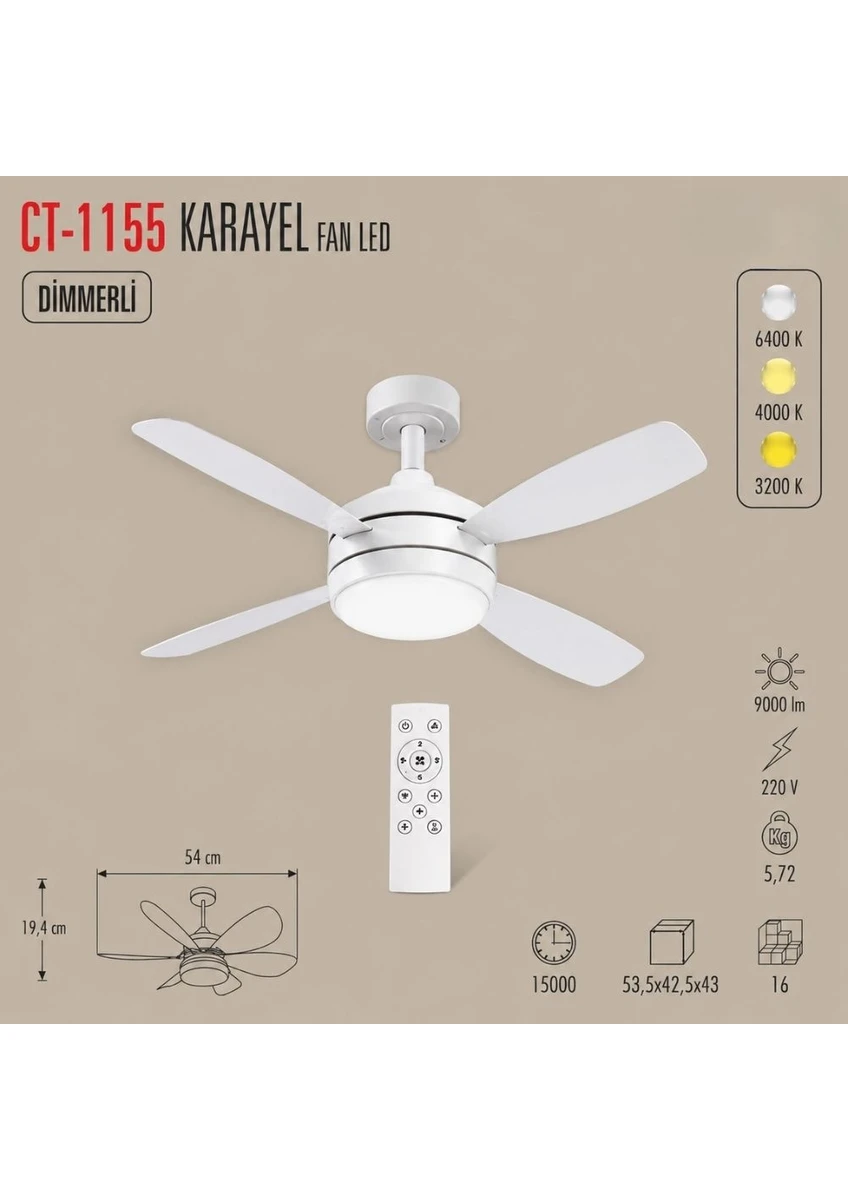 Cata CT-1155 Karayel Fan LED Ampul Dimlenebilir Beyaz Işık Renkli